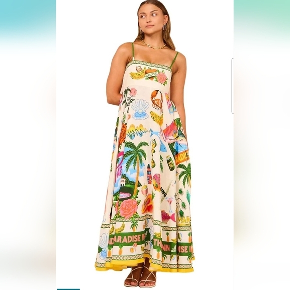 Paradise Crab Print Spaghetti Strap Flowy Maxi Boho Dress Size XL - Picture 1 of 10